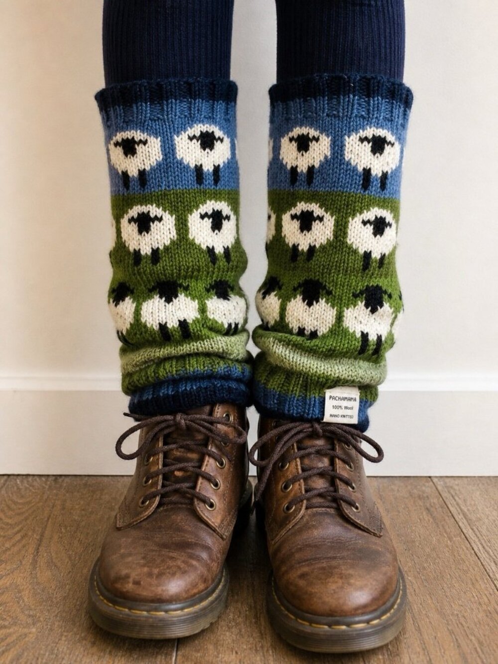 Pachamama 100% Wool Hand Knit Leg Warmers Sheep Pattern Boho Cozy Winter 🤍